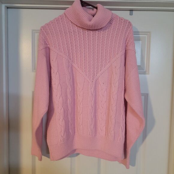 Mademoiselle Sweaters - Vintage Mademoiselle Women's Cableknit Sweater Pink Rolled Neck XXLarge USA